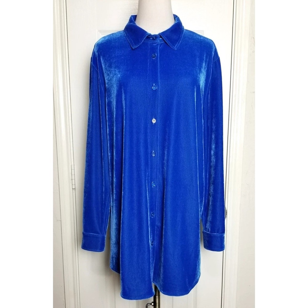 Soft Surroundings Boyfriend Blue Velvet Button Up Shirt Tunic Women's 1X‎